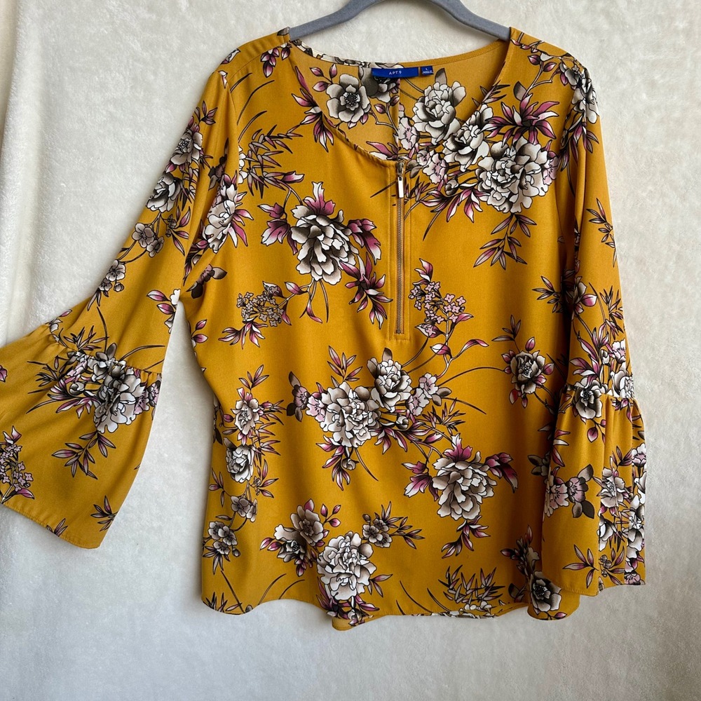 Apt. 9 Mustard Floral Bell‎ Sleeve Zip Neck Blouse Top Size Large